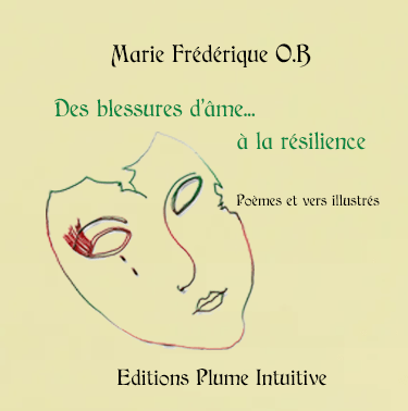 Illustration d’un visage ressemblant à un masque brisé en rouge et vert, avec une larme à l’œil. Couverture du recueil de poésie de Frédérique O.B.