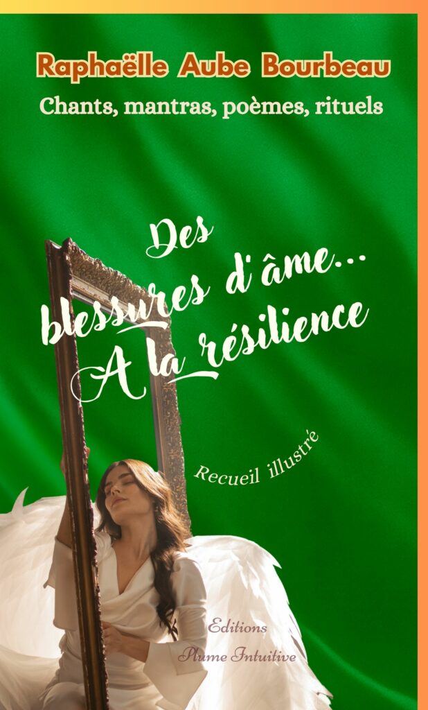 Ebook "Des blessures d’âme à la résilience" de Raphaëlle Aube Bourbeau, avec une femme‑ange aux ailes déployées.