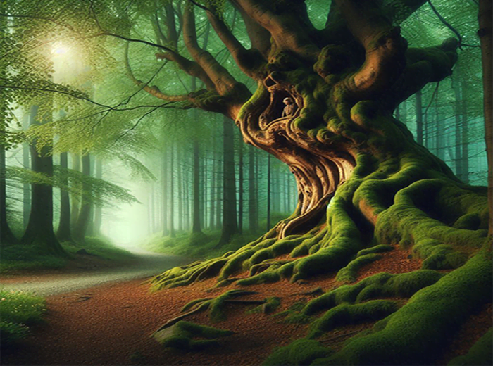 Photo d’un arbre centenaire aux racines imposantes, baigné de lumière.