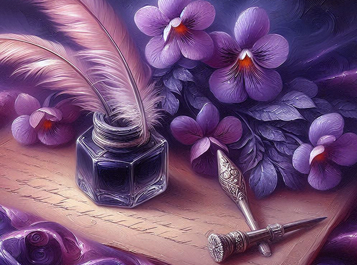Illustration d'un parchemin avec myosotis, encrier violet et plumes rosées sur fond romantique.