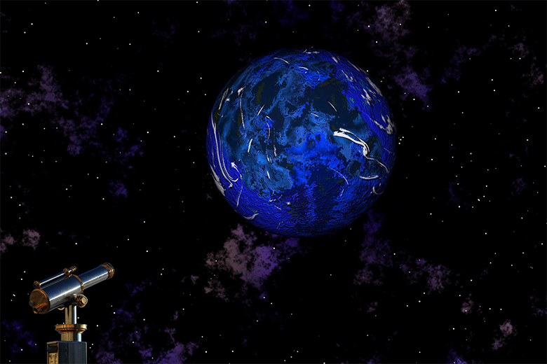 Illustration fantasy jeunesse représentant une planète bleue et un télescope sous un ciel étoilé, symbolisant mystère et exploration initiatique.