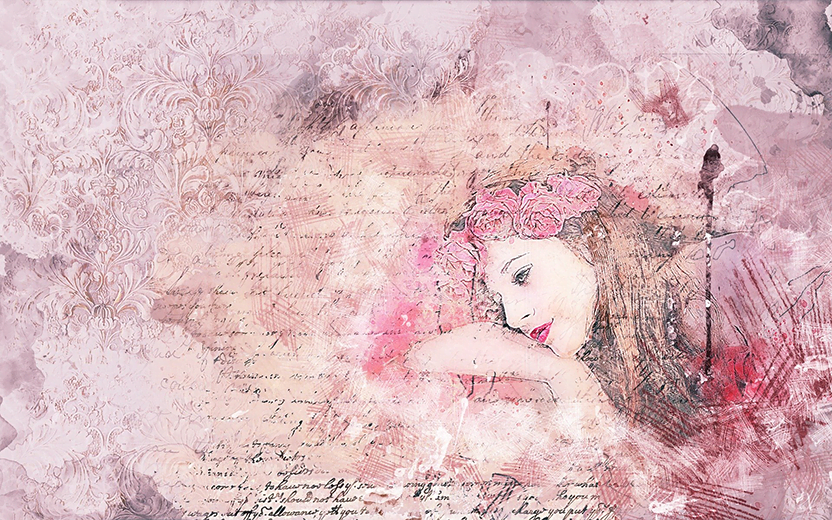 Illustration romantique : une femme pensive pose sa tête sur son bras, entourée d’un fond rose et parme vintage avec des écrits façon parchemin.