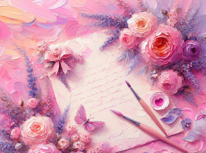Tableau romantique avec papillon rose, poème, pivoines, roses et lavande.